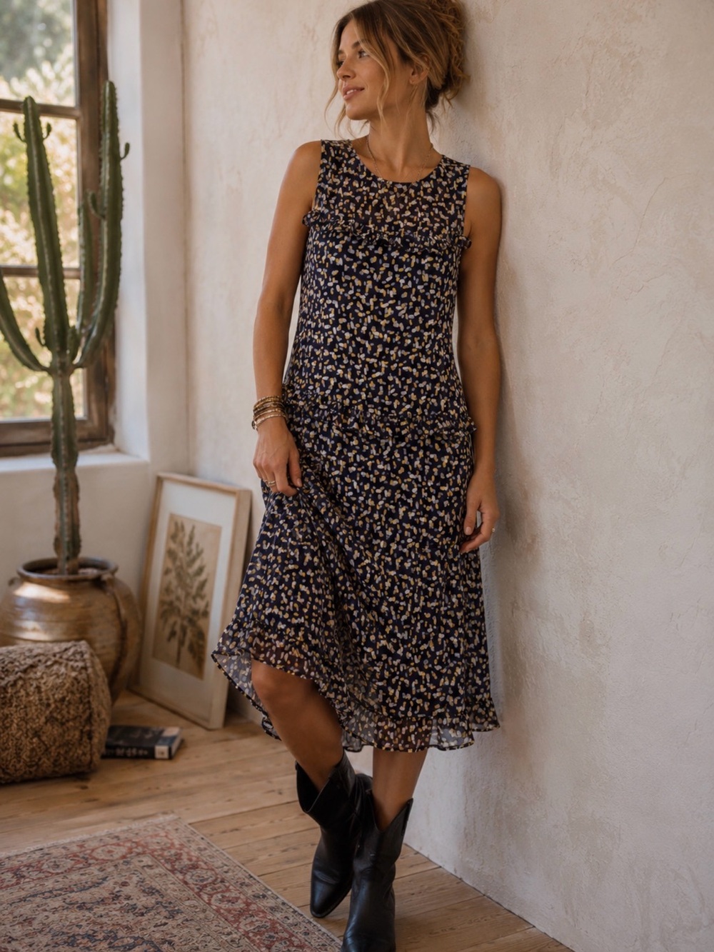 Roz & Ali Tiered Dress 14P Chiffon Career Casual Sleeveless Ruffle Flowy Shift